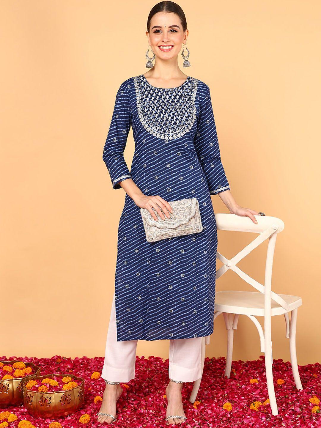 ahika leheriya printed round neck regular thread work cotton straight kurta