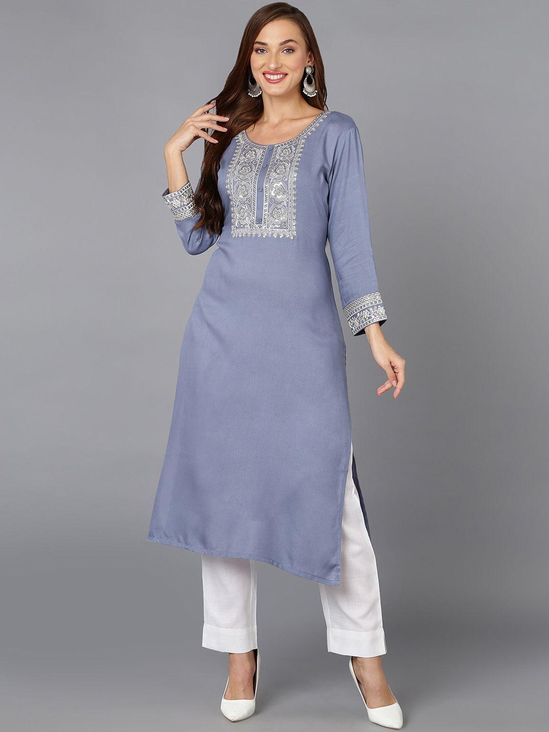 ahika light blue ethnic motifs embroidered sequined kurta