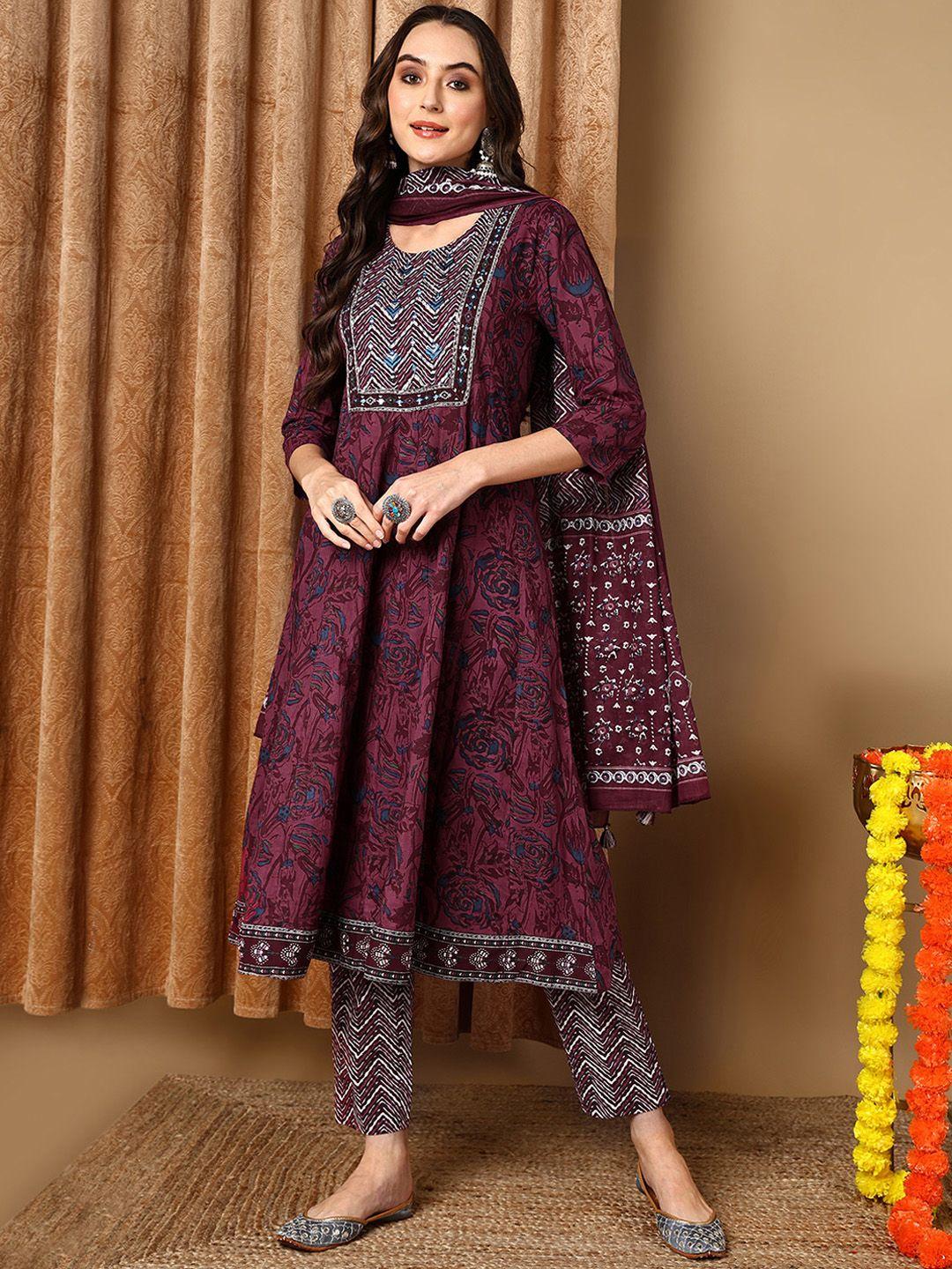 ahika magenta floral printed a-line thread work pure cotton kurta with trousers & dupatta