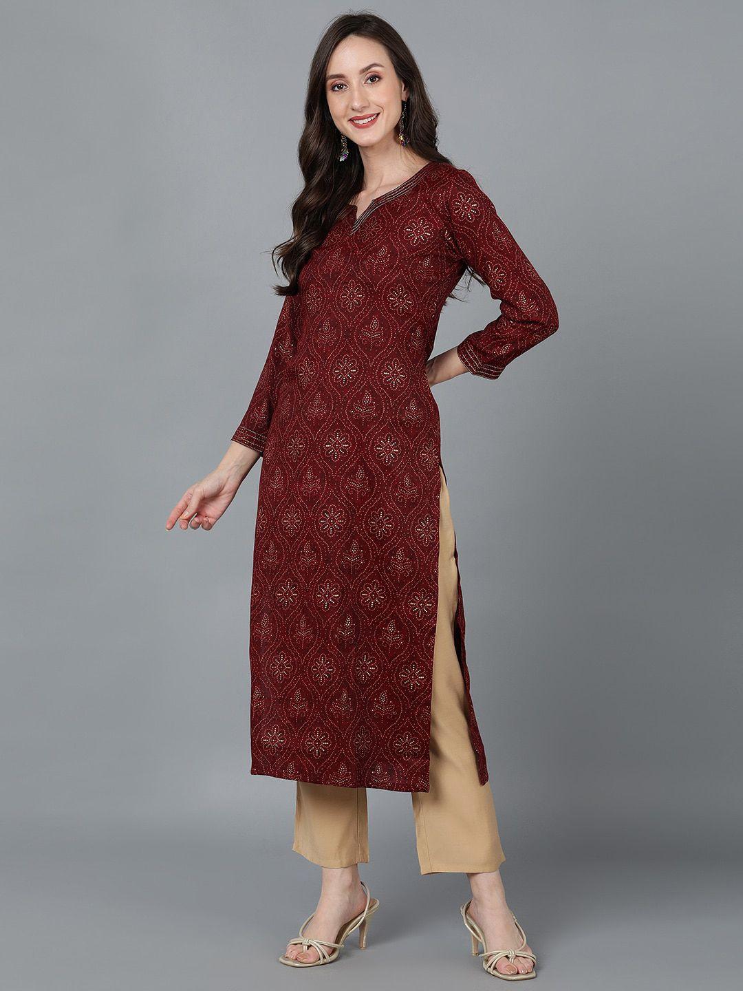 ahika maroon & gold ethnic motifs printed notched neck kurta