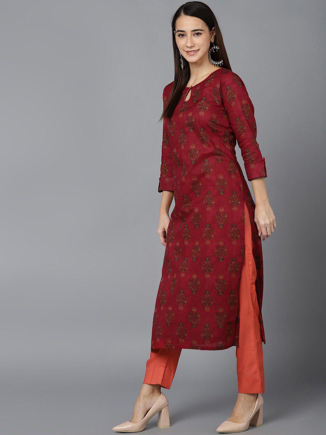 ahika maroon & green ethnic motifs printed keyhole neck pure cotton kurta