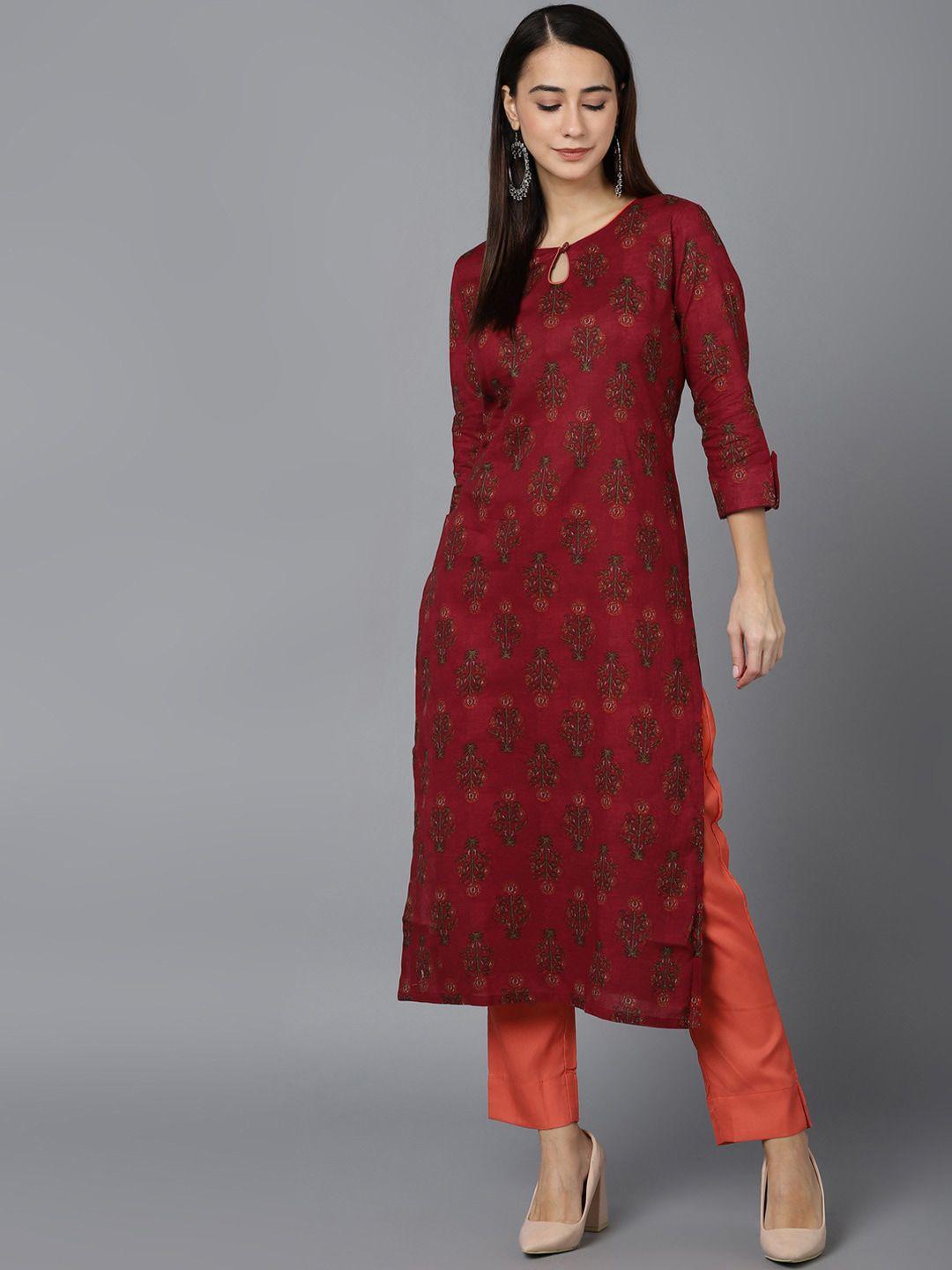 ahika maroon & green ethnic motifs printed keyhole neck pure cotton kurta