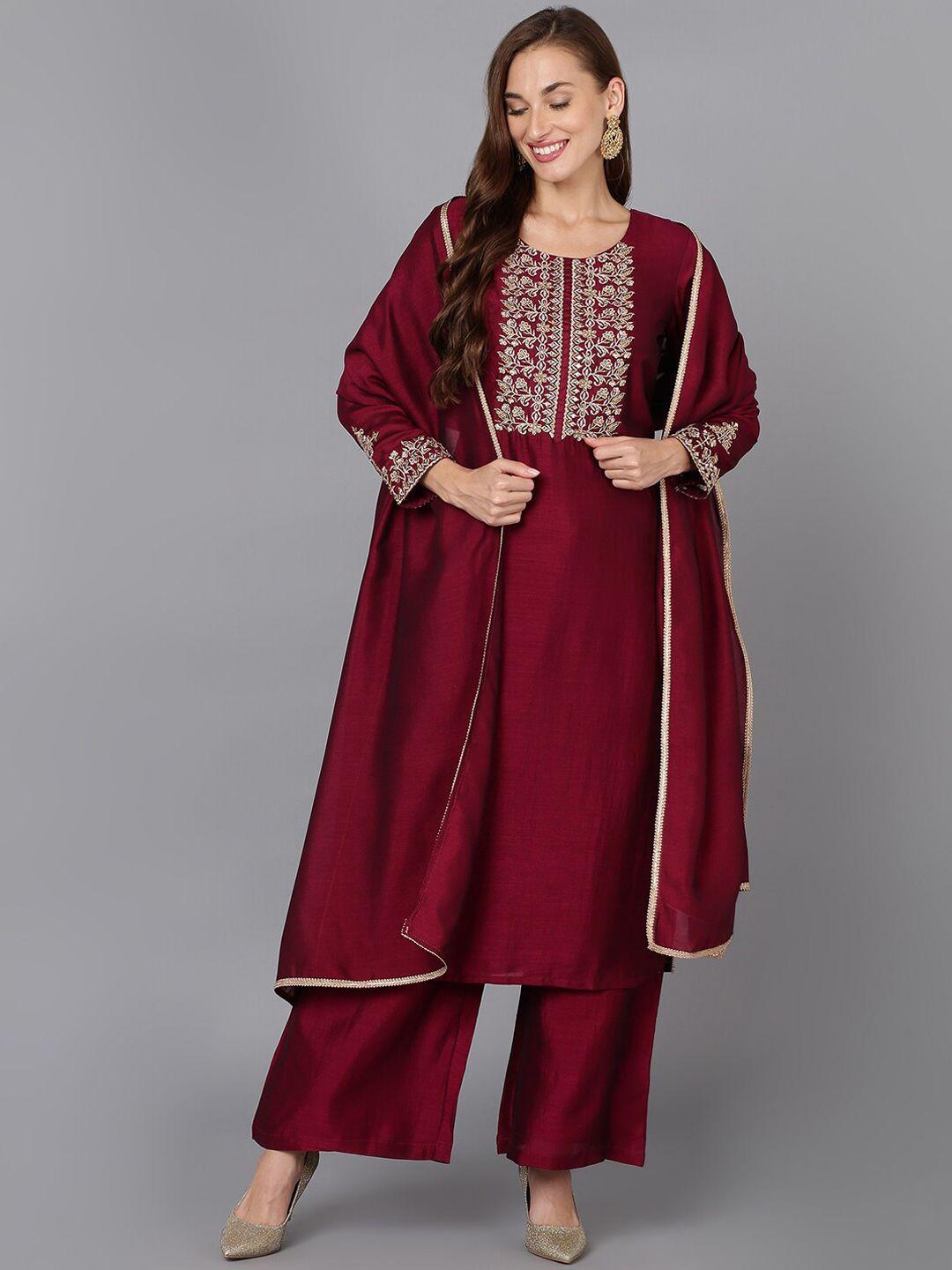 ahika maroon ethnic motifs yoke design kurta with palazzos & dupatta