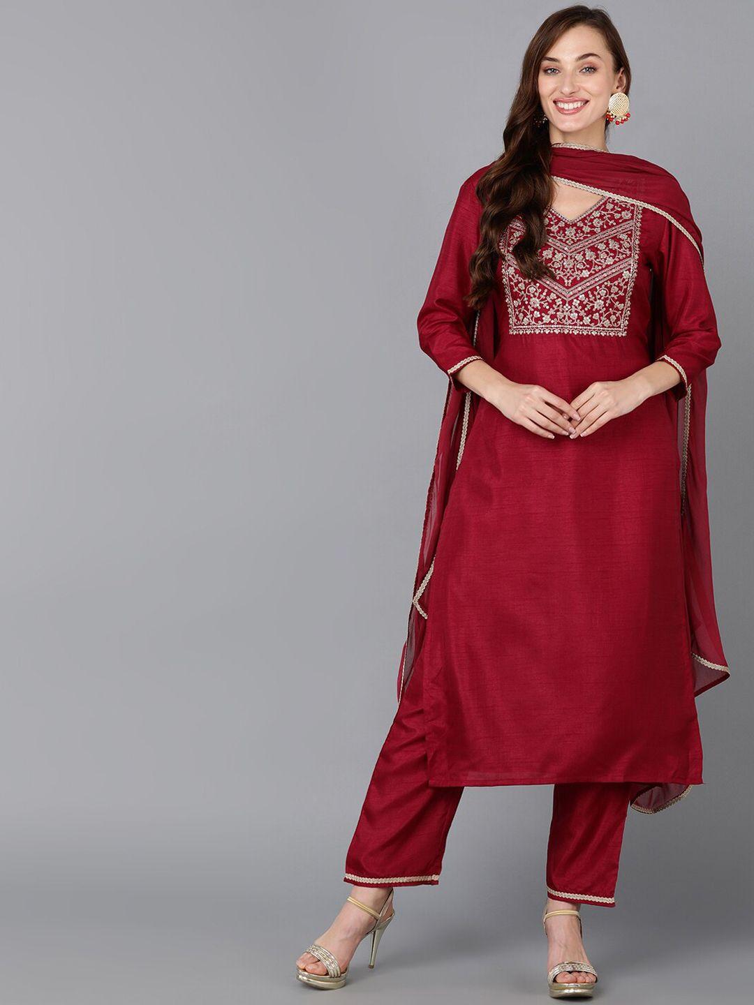 ahika maroon ethnic motifs yoke design zari sequinned kurta with trousers & dupatta