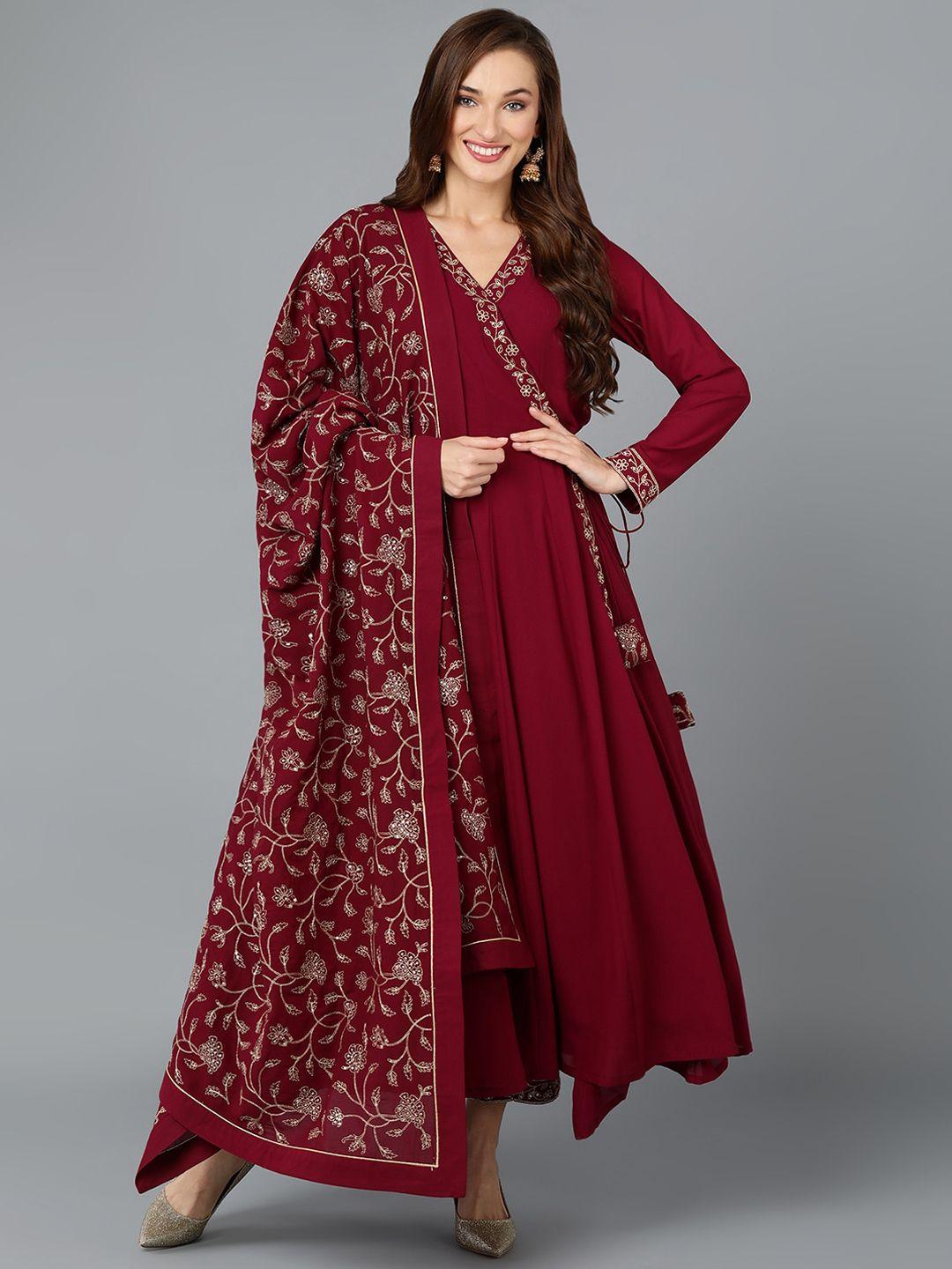 ahika maroon floral yoke design thread work angrakha anarkali kurta & trouser with dupatta