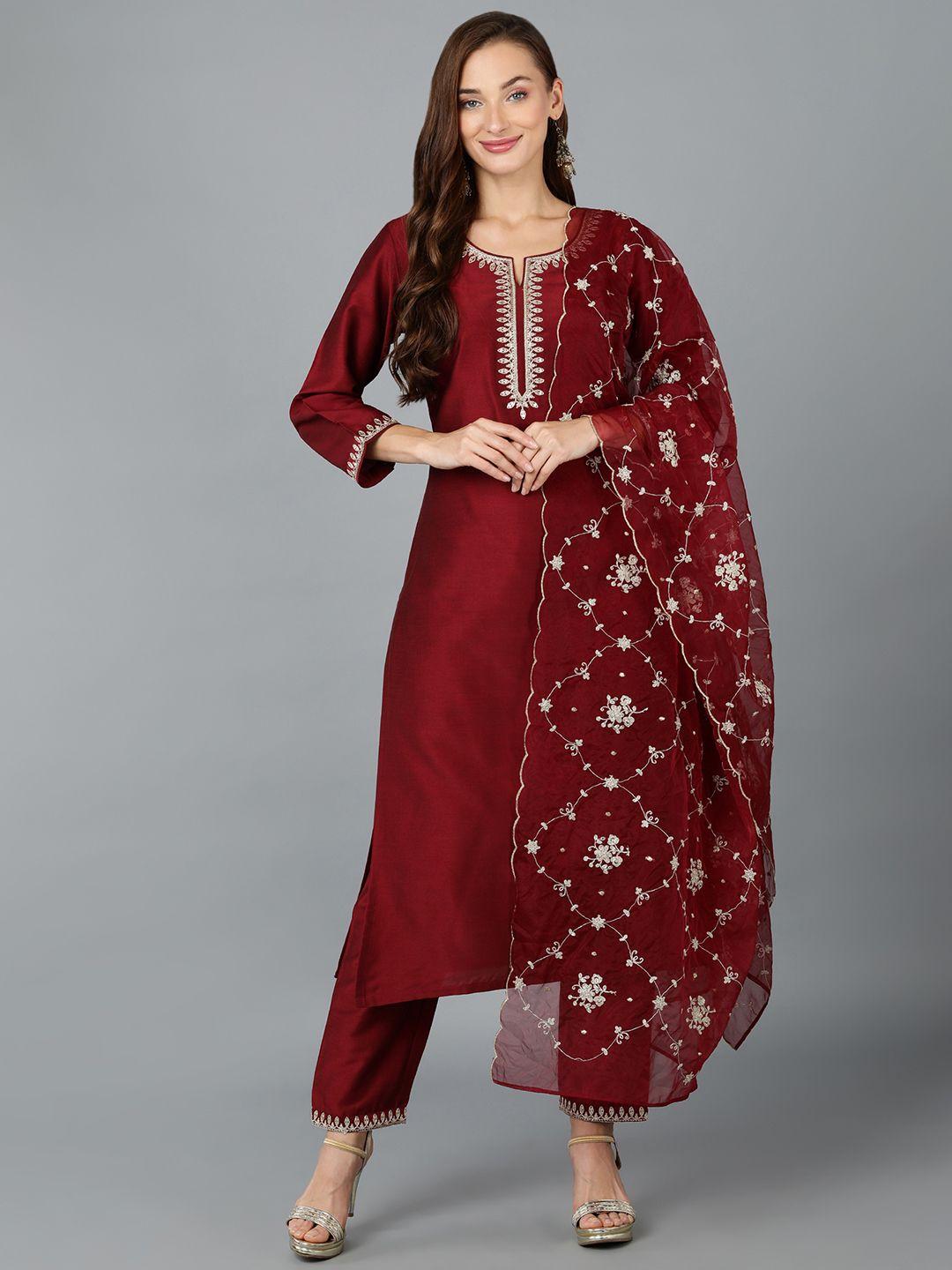 ahika maroon yoke design zari sequinned kurta with trousers & dupatta