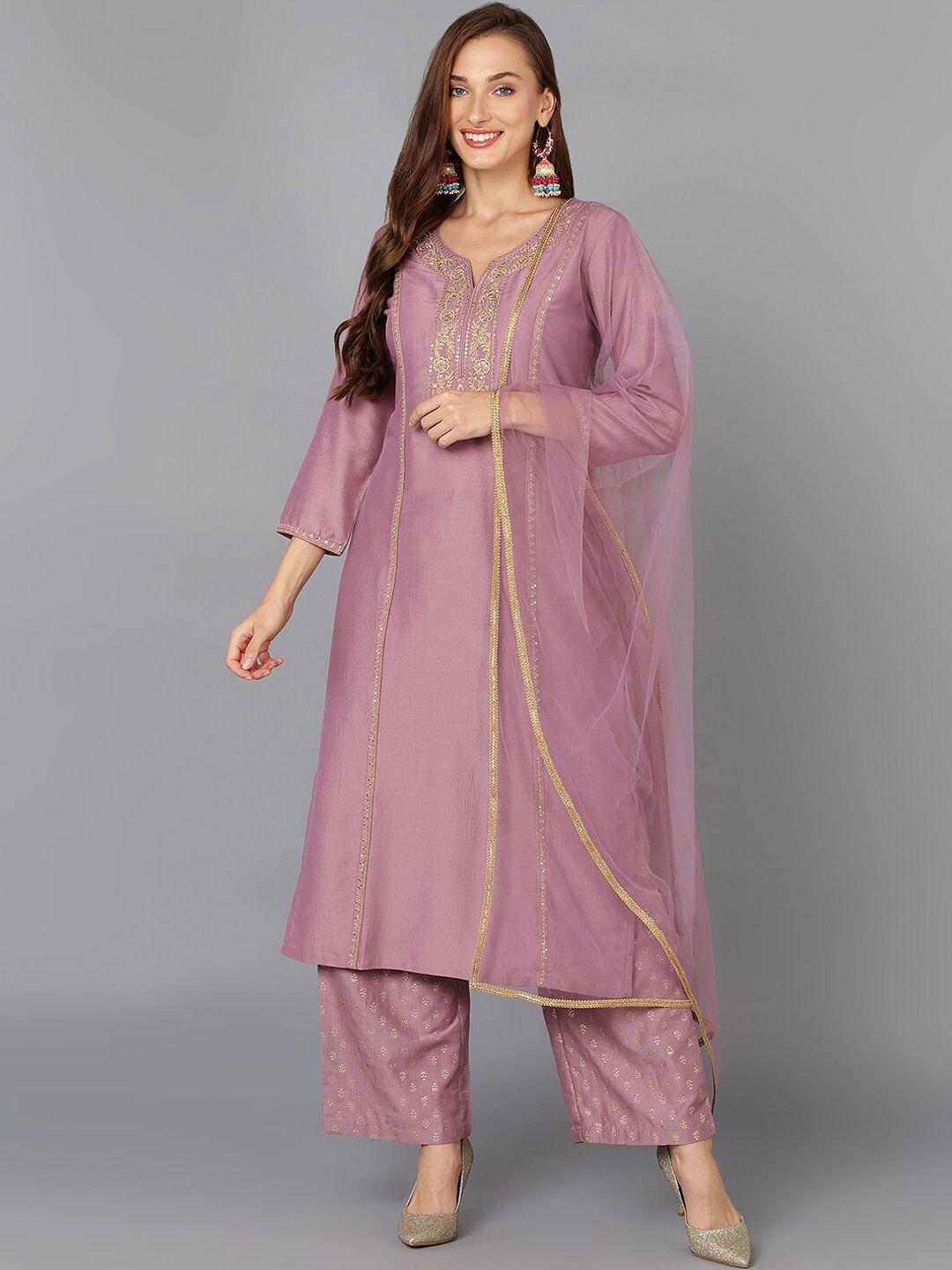 ahika mauve embroidered regular kurta with palazzos & dupatta