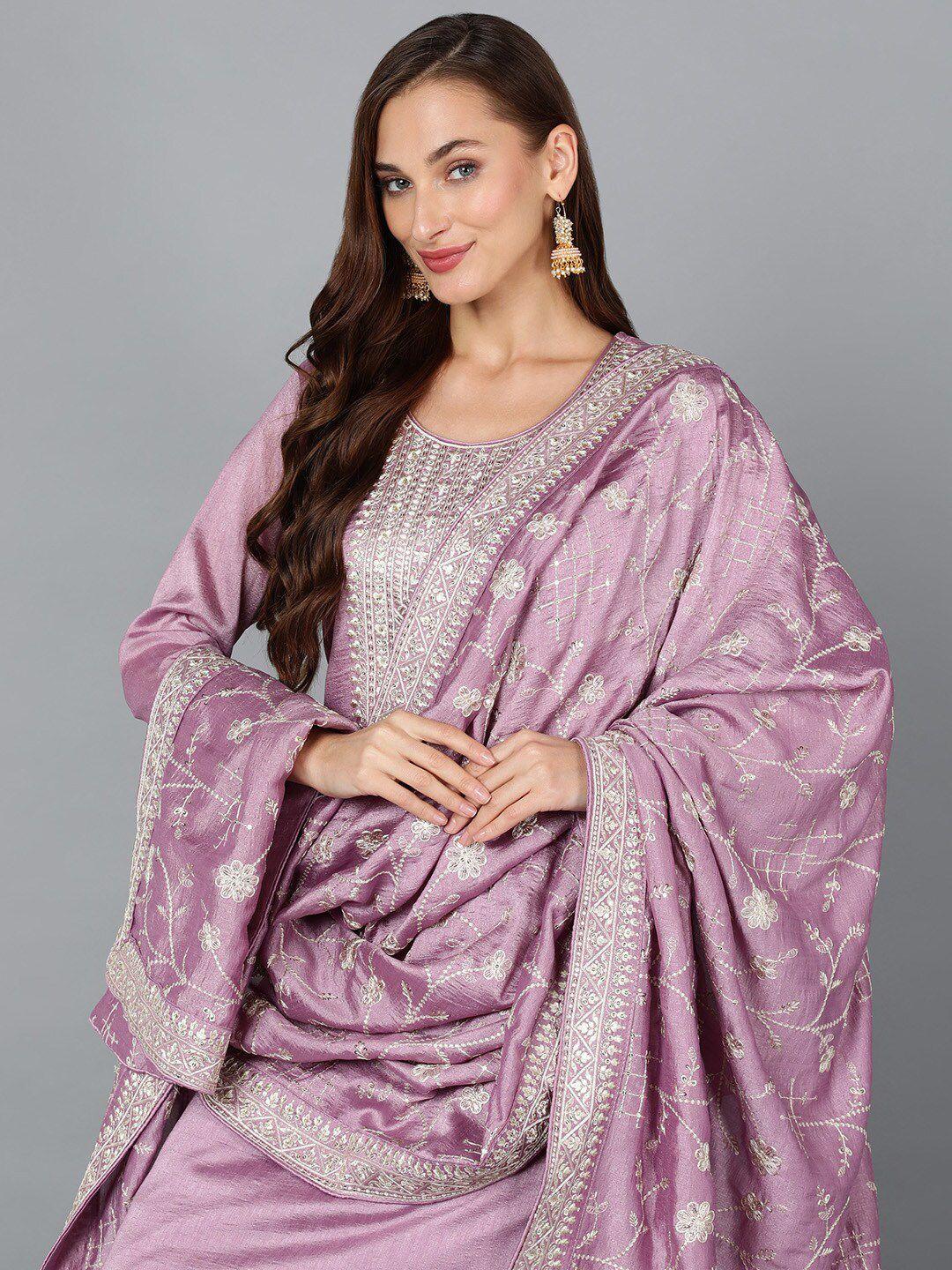 ahika mauve ethnic motifs embroidered sequinned kurta with trousers & dupatta