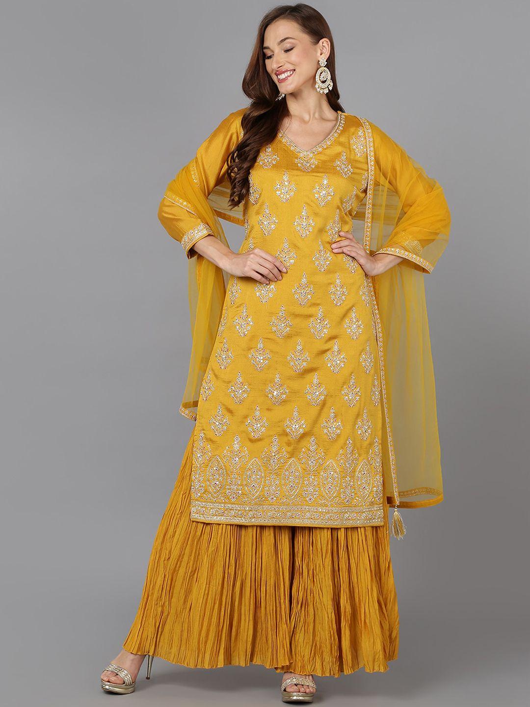ahika mustard yellow ethnic motifs embroidered sequinned kurta with sharara & dupatta