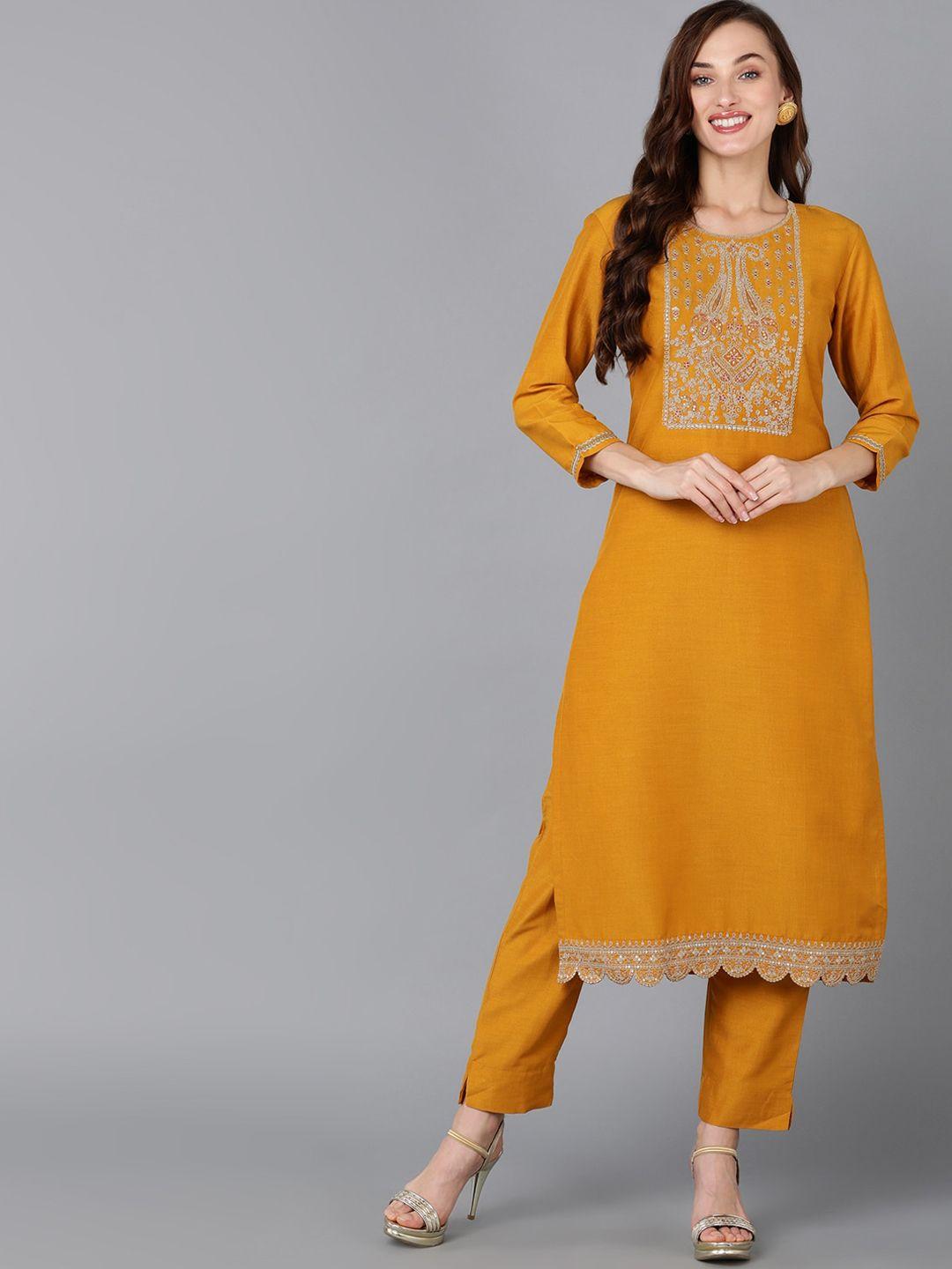 ahika mustard yellow ethnic motifs yoke design thread work sequinned kurta