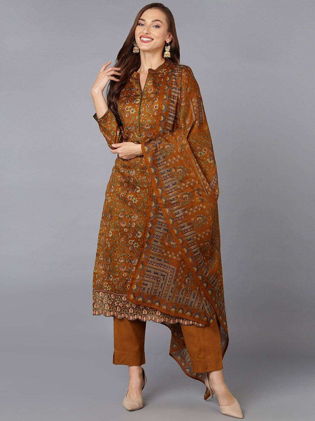 ahika mustard yellow floral printed thread work kurta with trousers & dupatta