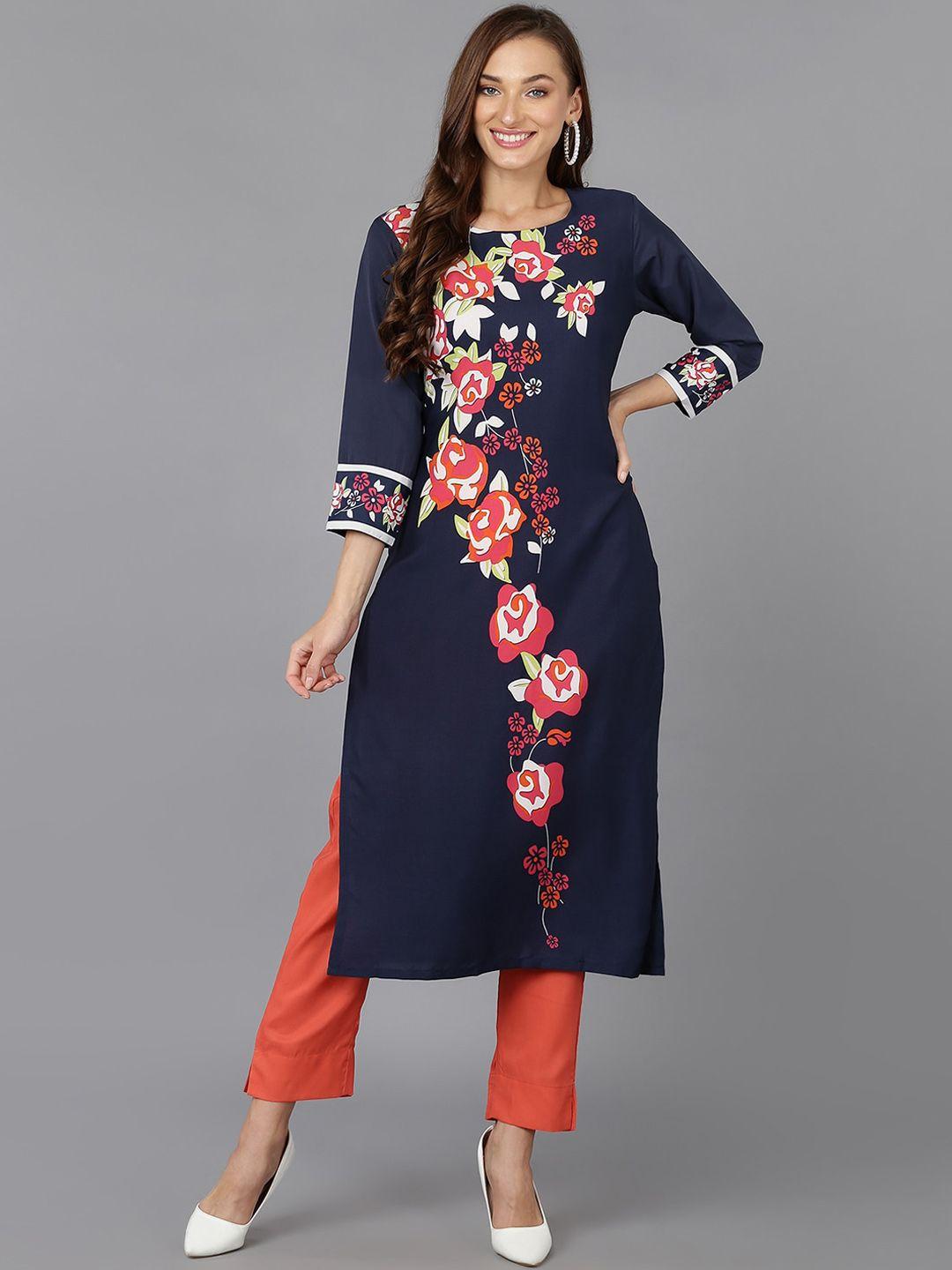 ahika navy blue & red floral printed straight kurta