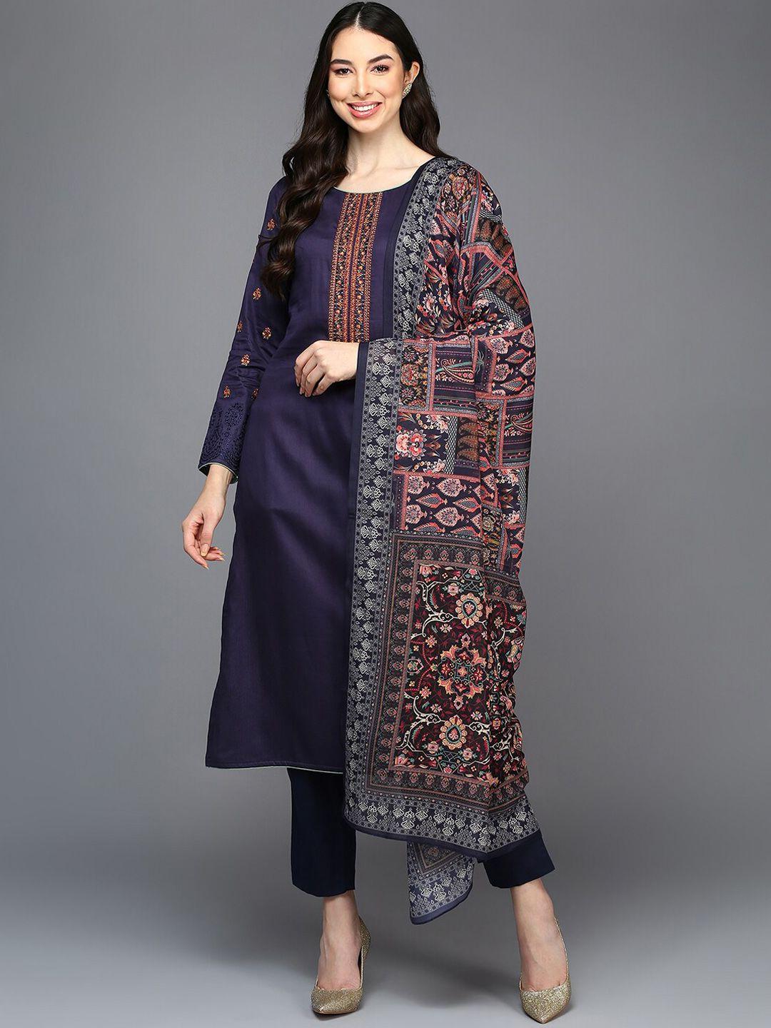 ahika navy blue ethnic motifs embroidered thread work pure cotton kurta set