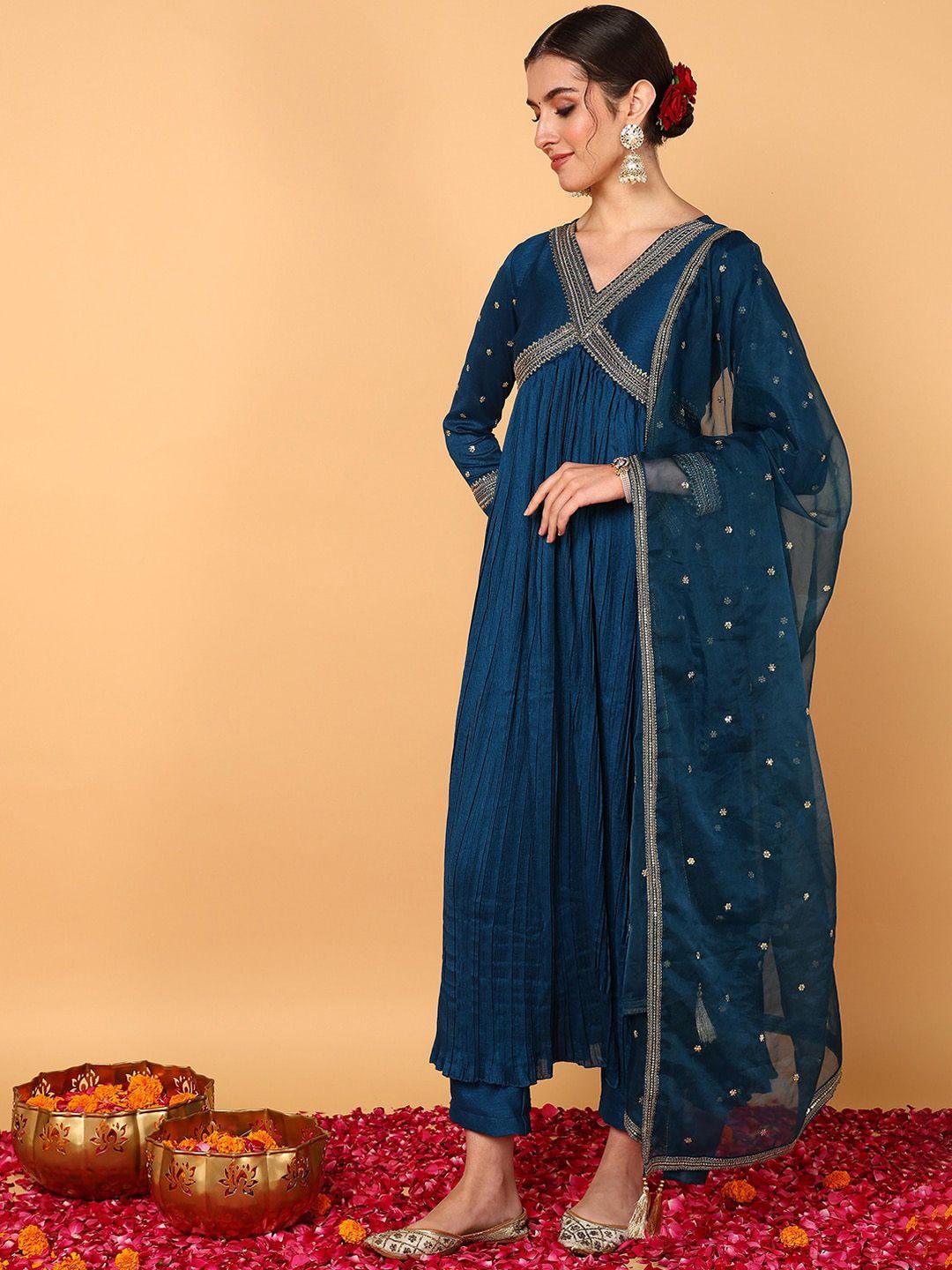 ahika navy blue ethnic motifs yoke design sequinned anarkali kurta & trouser with dupatta