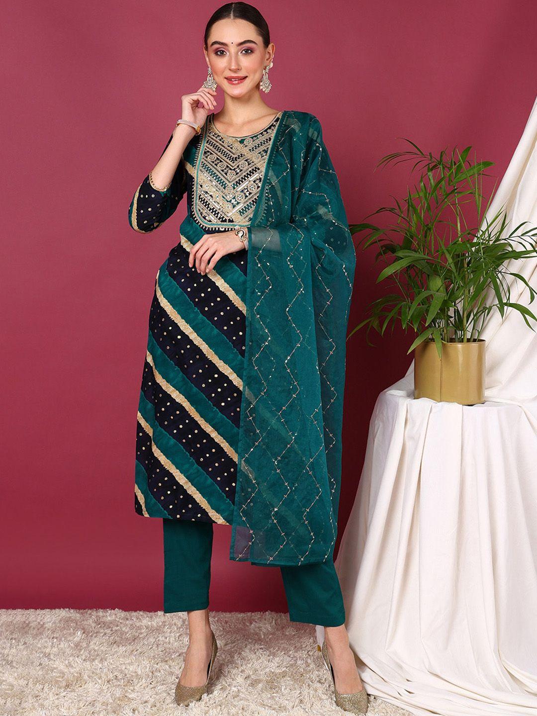 ahika navy blue geometric embroidered thread work straight kurta & trouser with dupatta