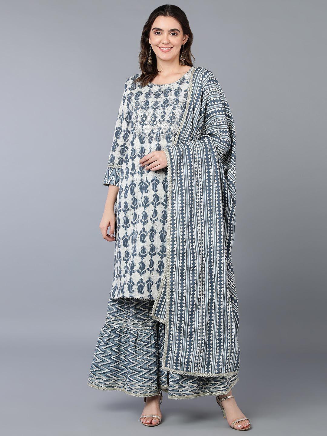 ahika off white paisley printed pure cotton kurta with sharara & dupatta