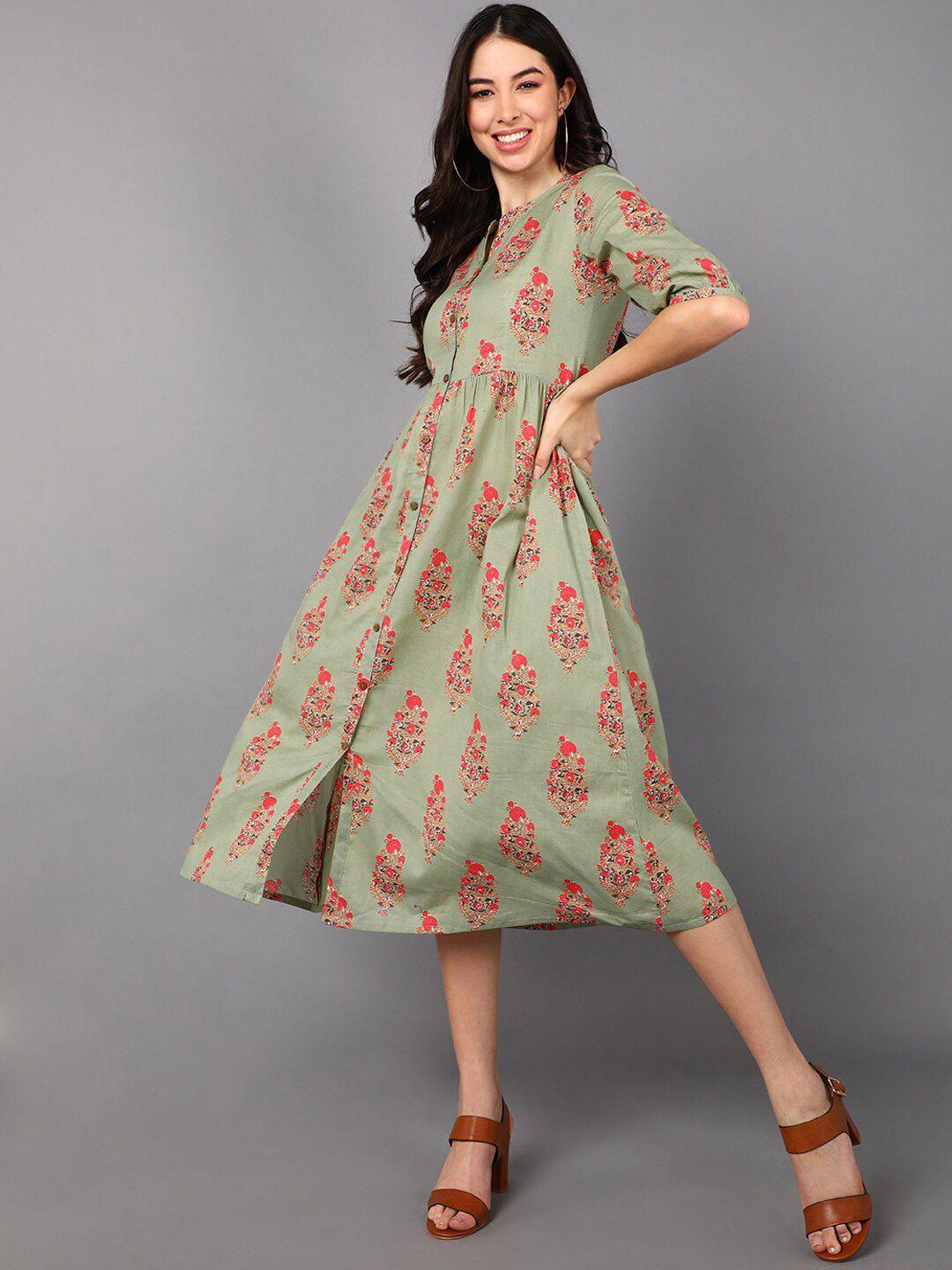 ahika olive green floral empire midi dress