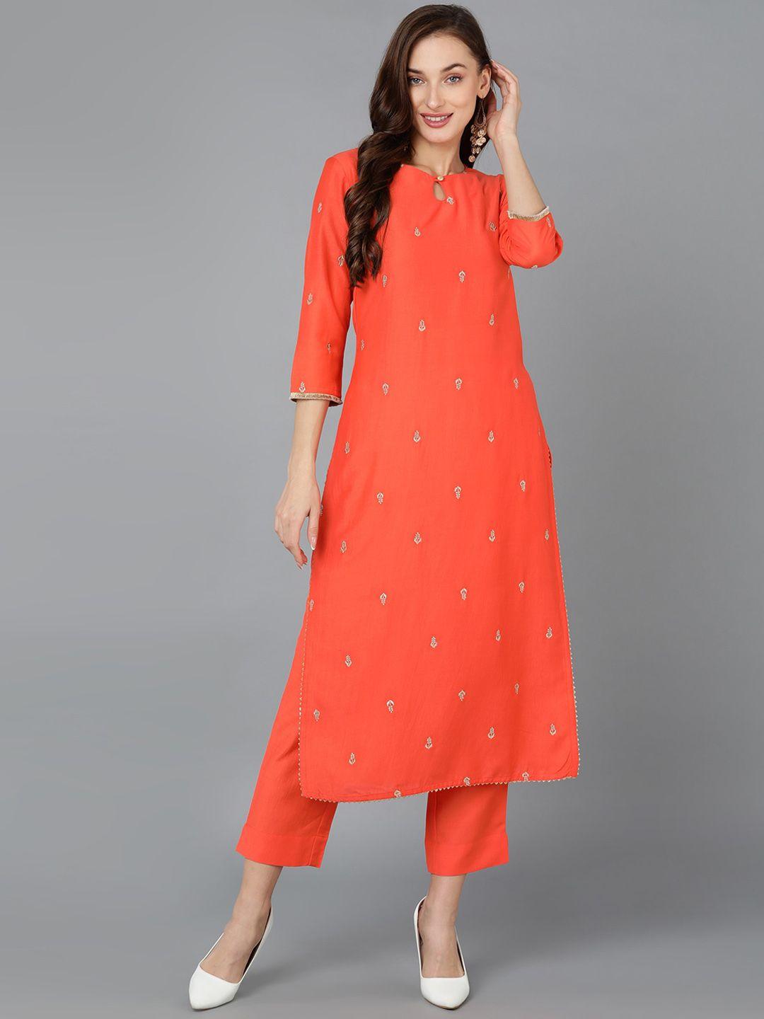 ahika orange ethnic motifs embroidered keyhole neck kurta