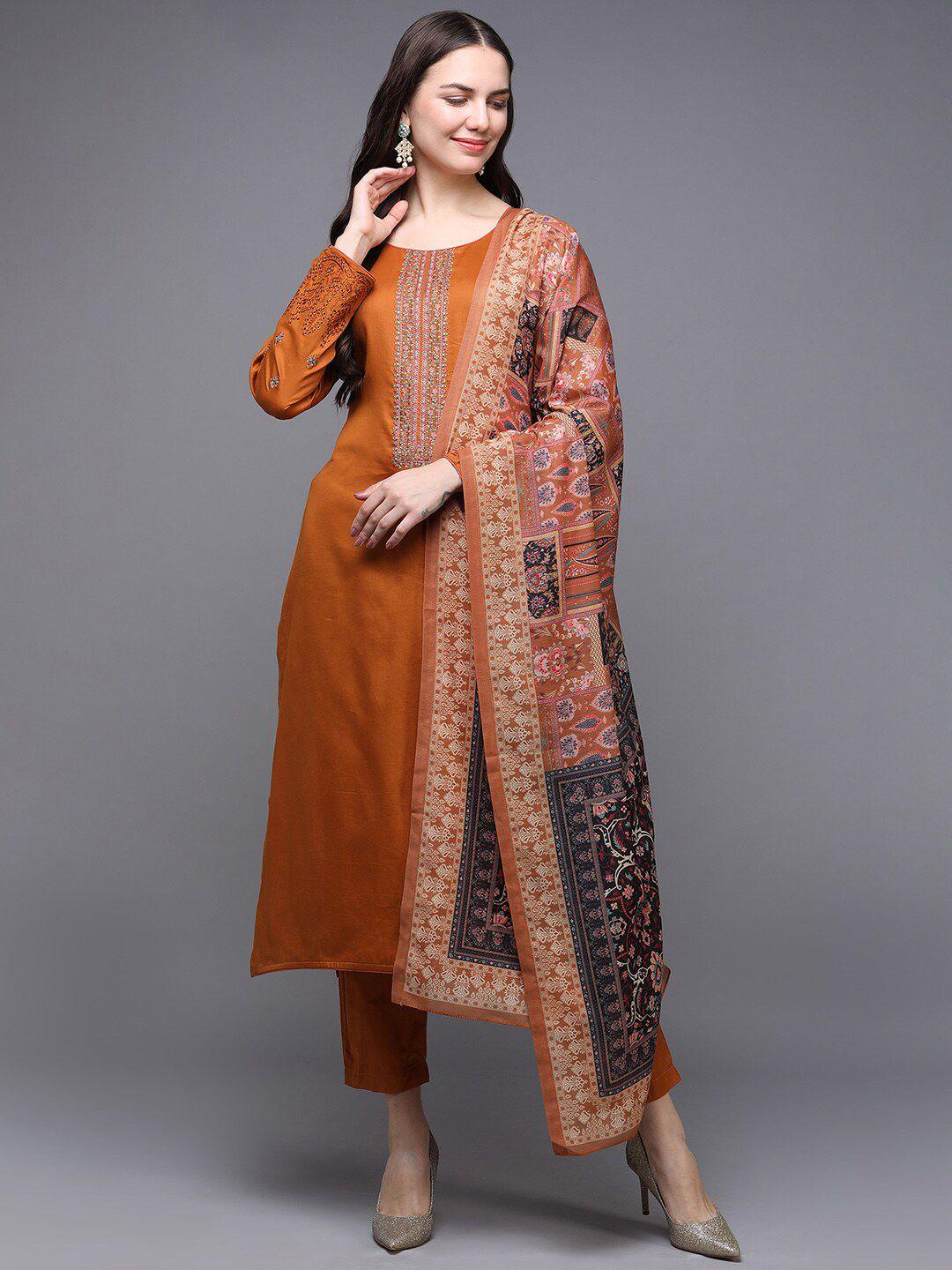 ahika orange thread work detailed pure cotton straight kurta & trousers with dupatta