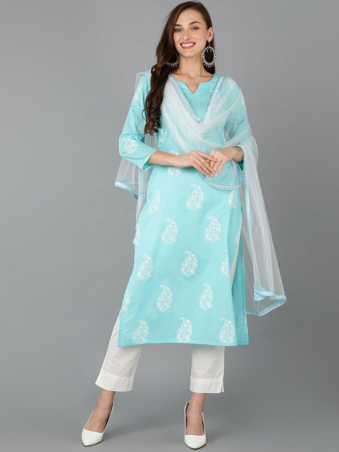 ahika paisley printed kurta with trousers & dupatta