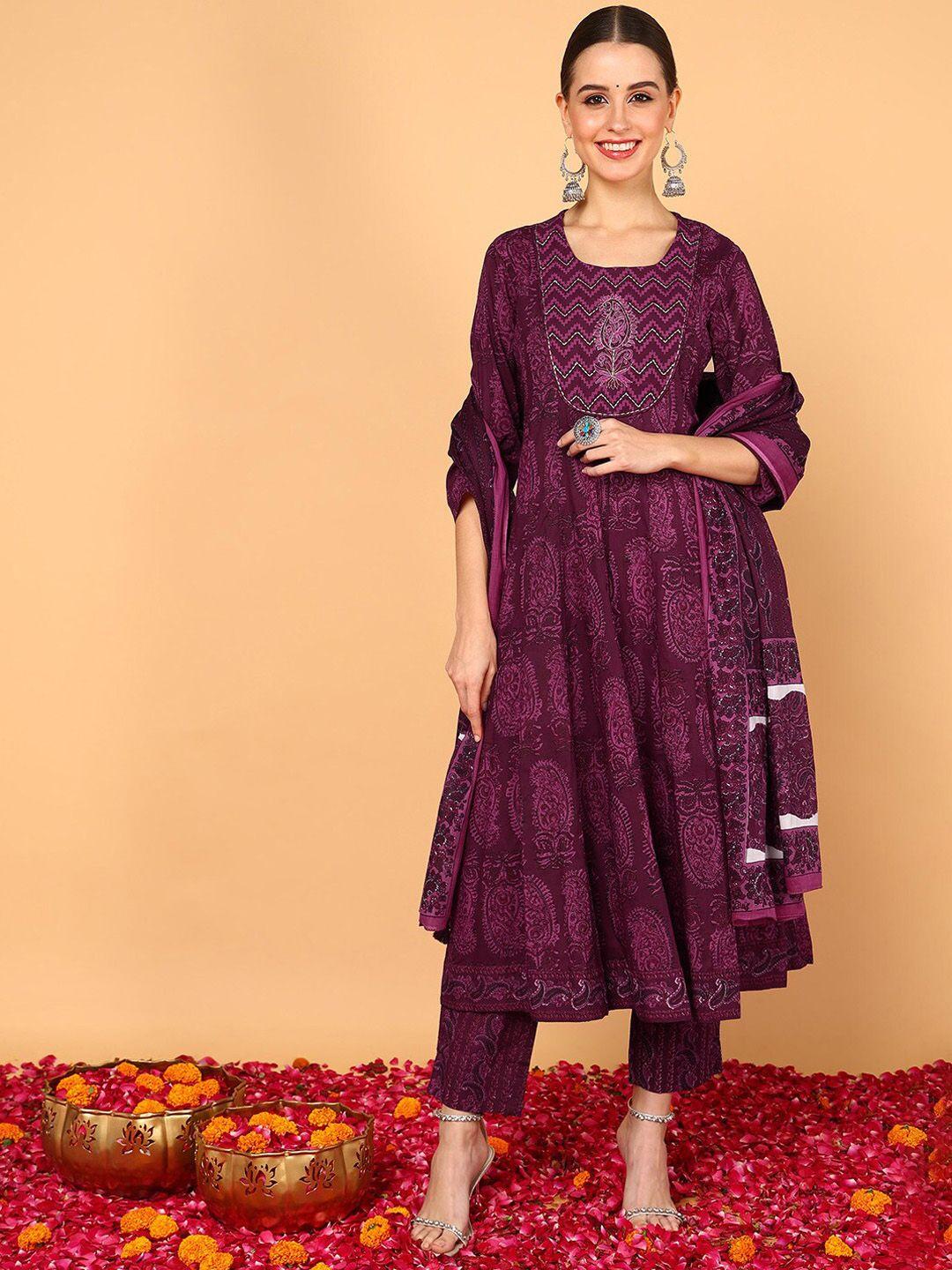 ahika paisley printed thread work pure cotton anarkali kurta with trousers & dupatta