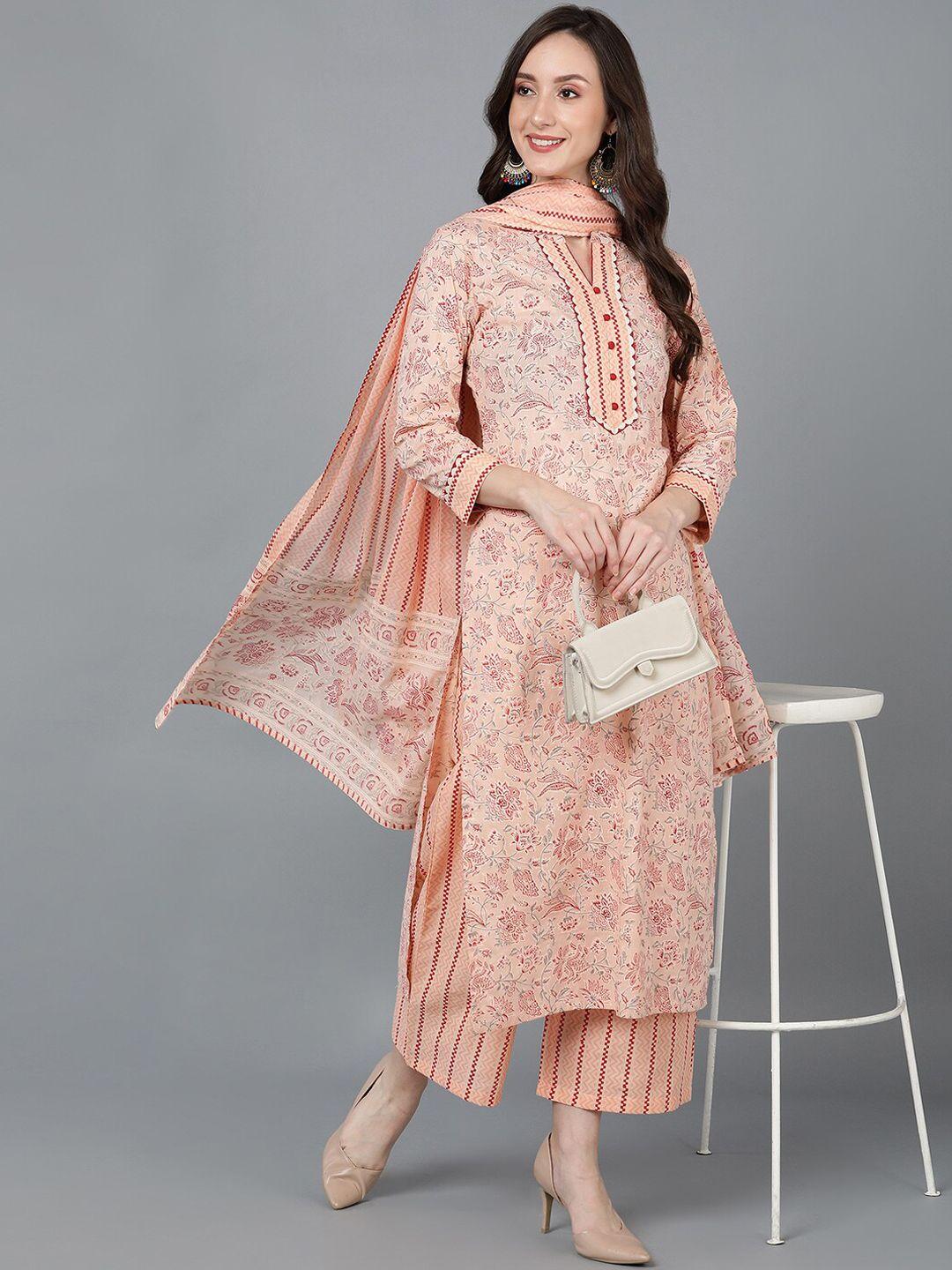 ahika peach-coloured & maroon floral printed pure cotton kurta with palazzos & dupatta