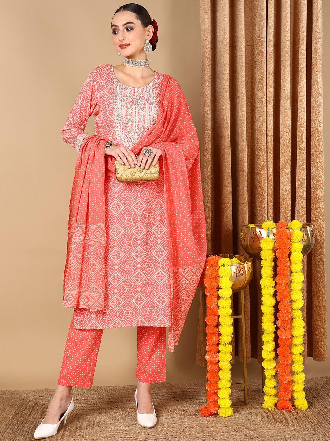 ahika peach-coloured bandhani printed thread work pure cotton straight kurta set