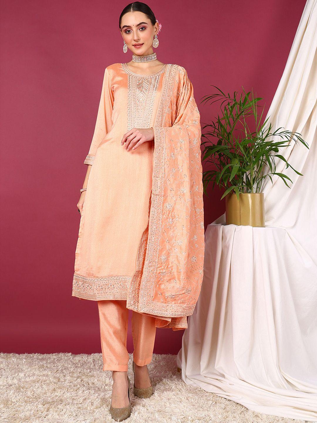ahika peach-coloured ethnic motifs yoke design thread work detail straight kurta set