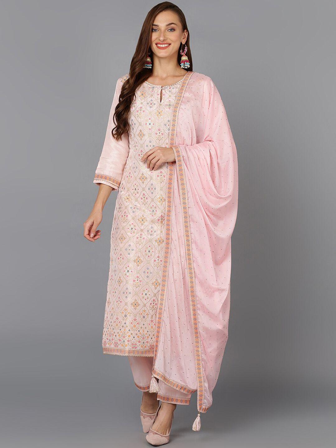 ahika pink & coral ethnic motifs printed gotta patti kurta with trousers & dupatta