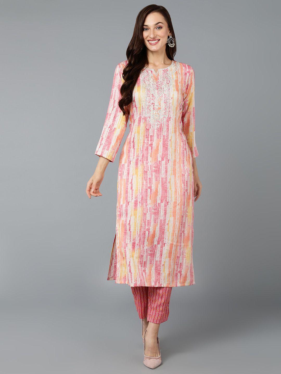 ahika pink & yellow abstract printed thread work kurta