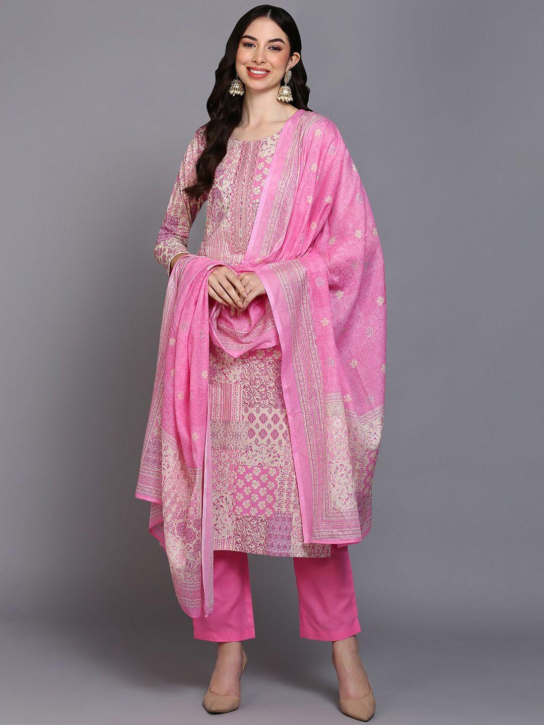 ahika pink ethnic printed thread work pure cotton kurta with trousers & dupatta