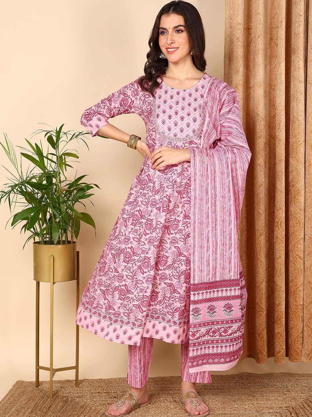 ahika pink floral printed a-line pure cotton kurta with trousers & dupatta