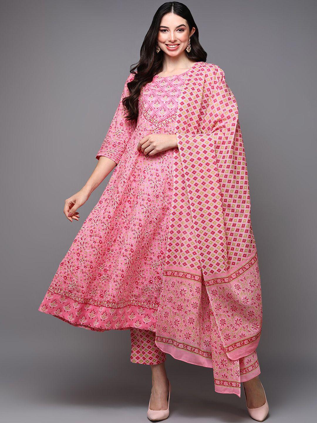 ahika pink floral printed anarkali pure cotton kurta & trousers with dupatta