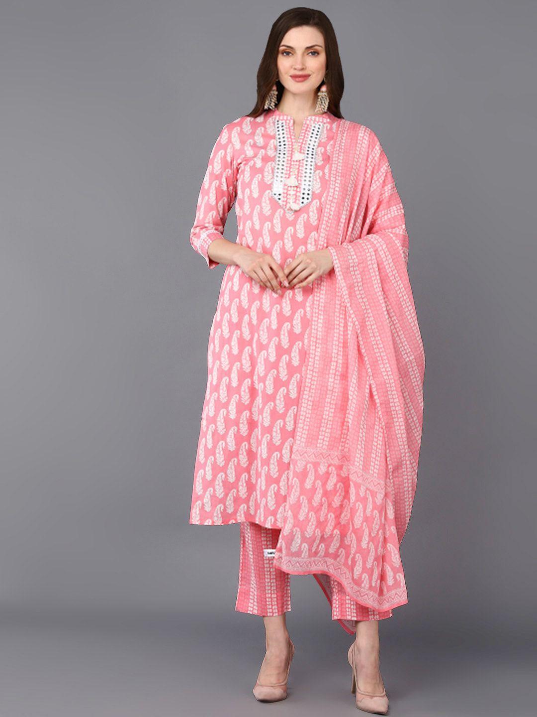 ahika pink yoke design paisley printed regular pure cotton kurta with trousers & dupatta