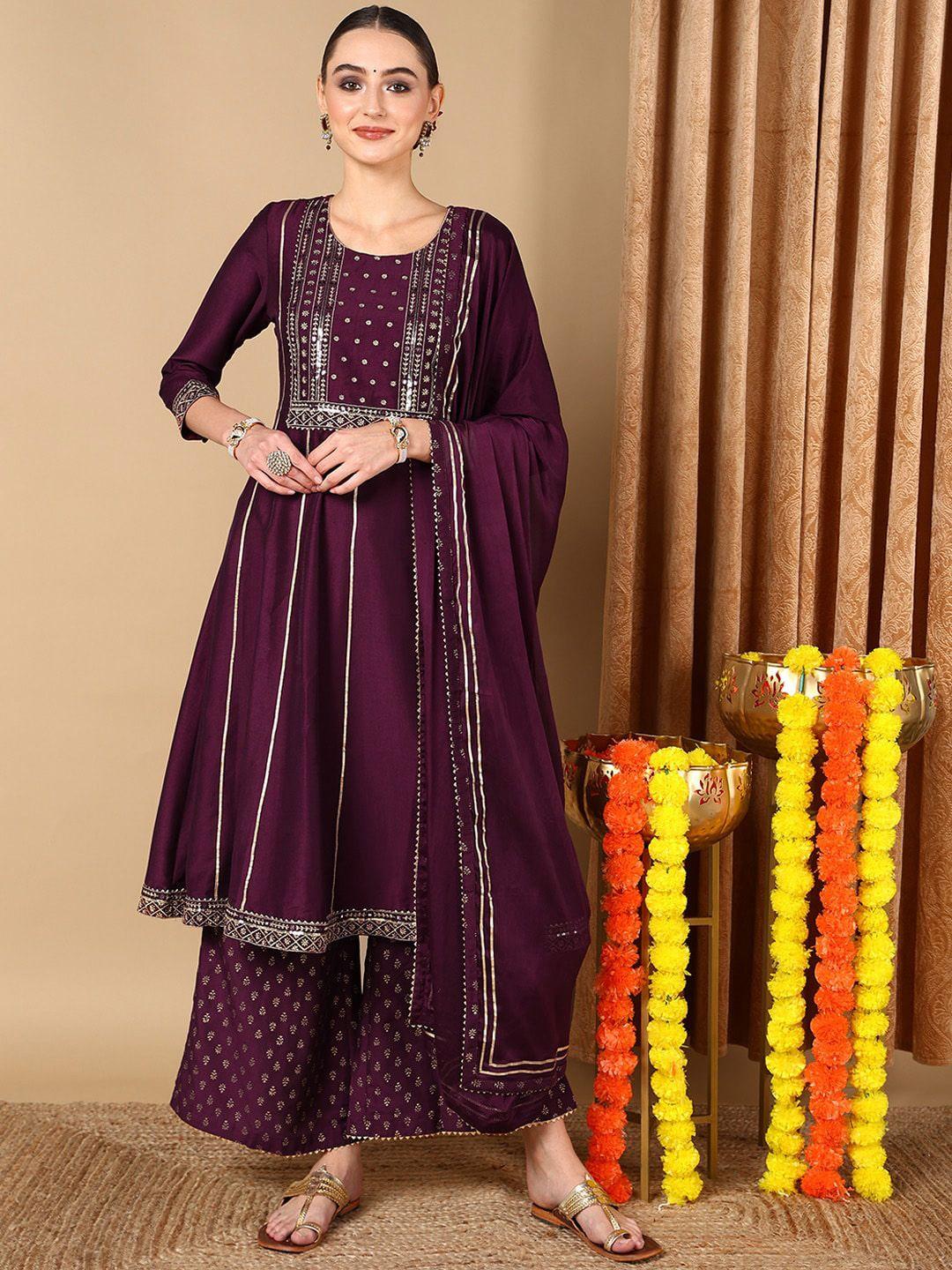 ahika purple ethnic motifs embroidered gotta patti a-line kurta & palazzos with dupatta