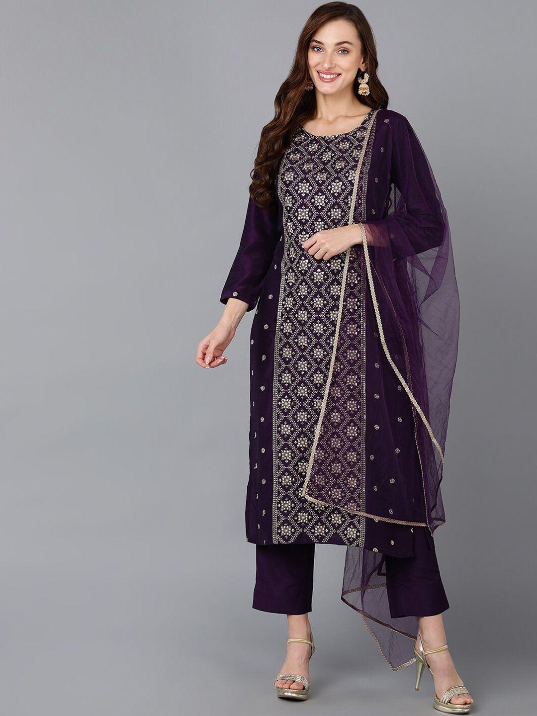 ahika purple ethnic motifs embroidered sequinned panelled kurta with trousers & dupatta