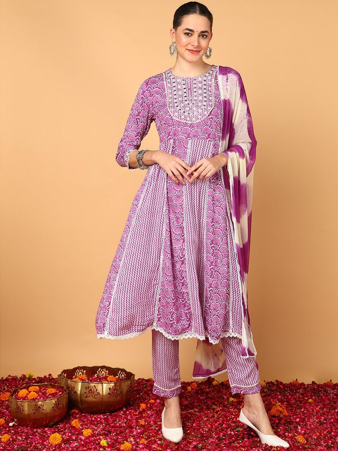 ahika purple ethnic motifs printed thread work anarkali kurta & trouser with dupatta