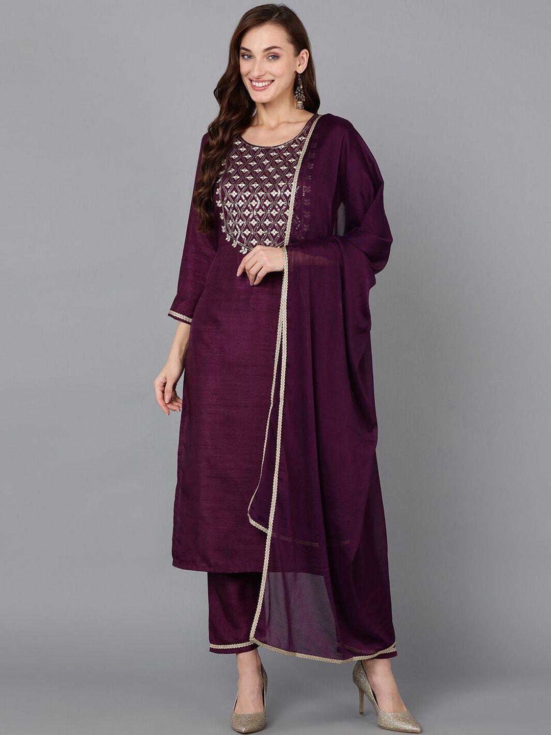 ahika purple straight kurta & trouser with dupatta