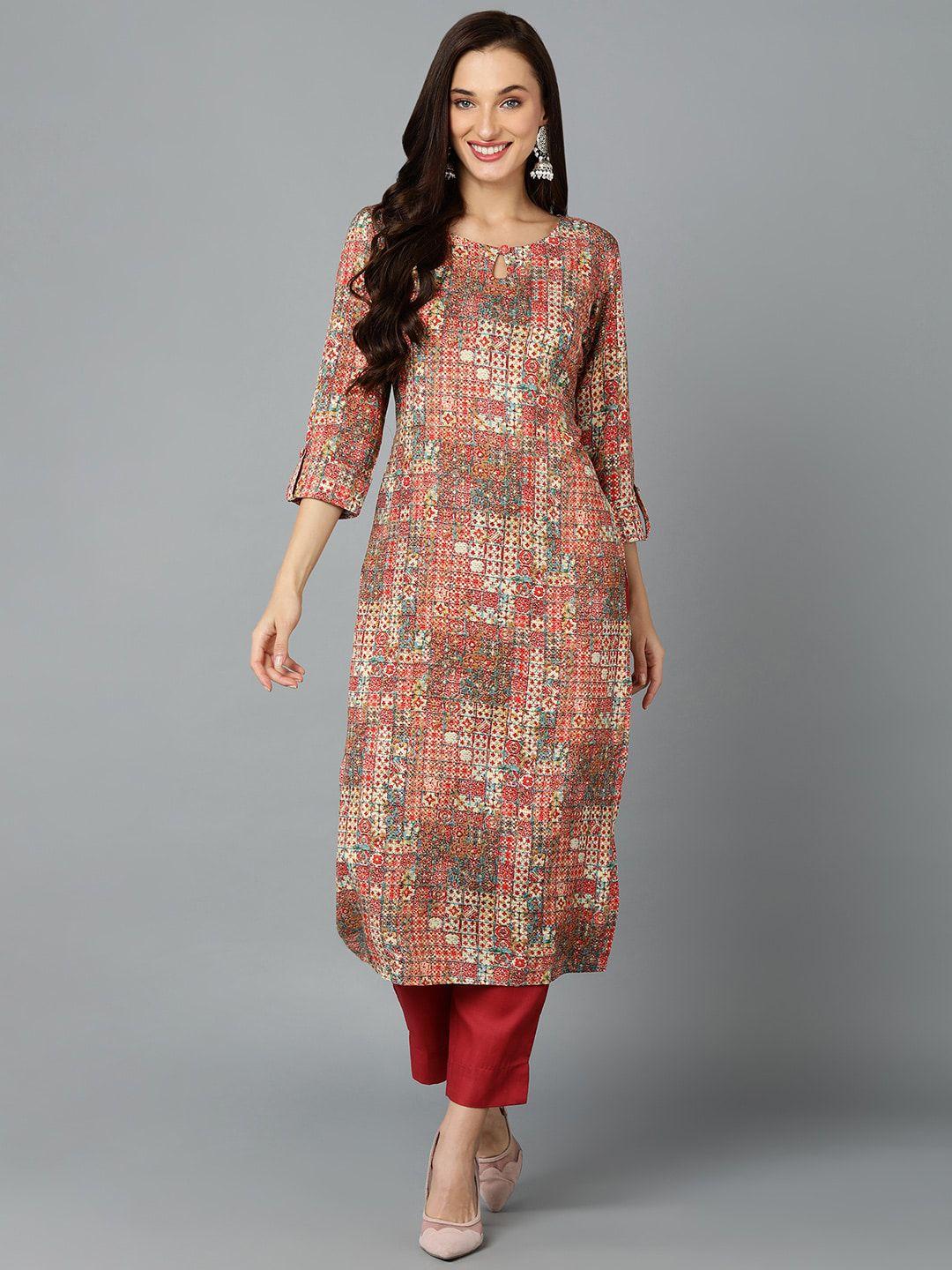 ahika red & beige ethnic motifs printed keyhole neck kurta