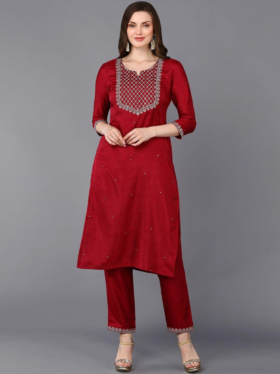 ahika red ethnic motifs embroidered round neck mirror work kurta