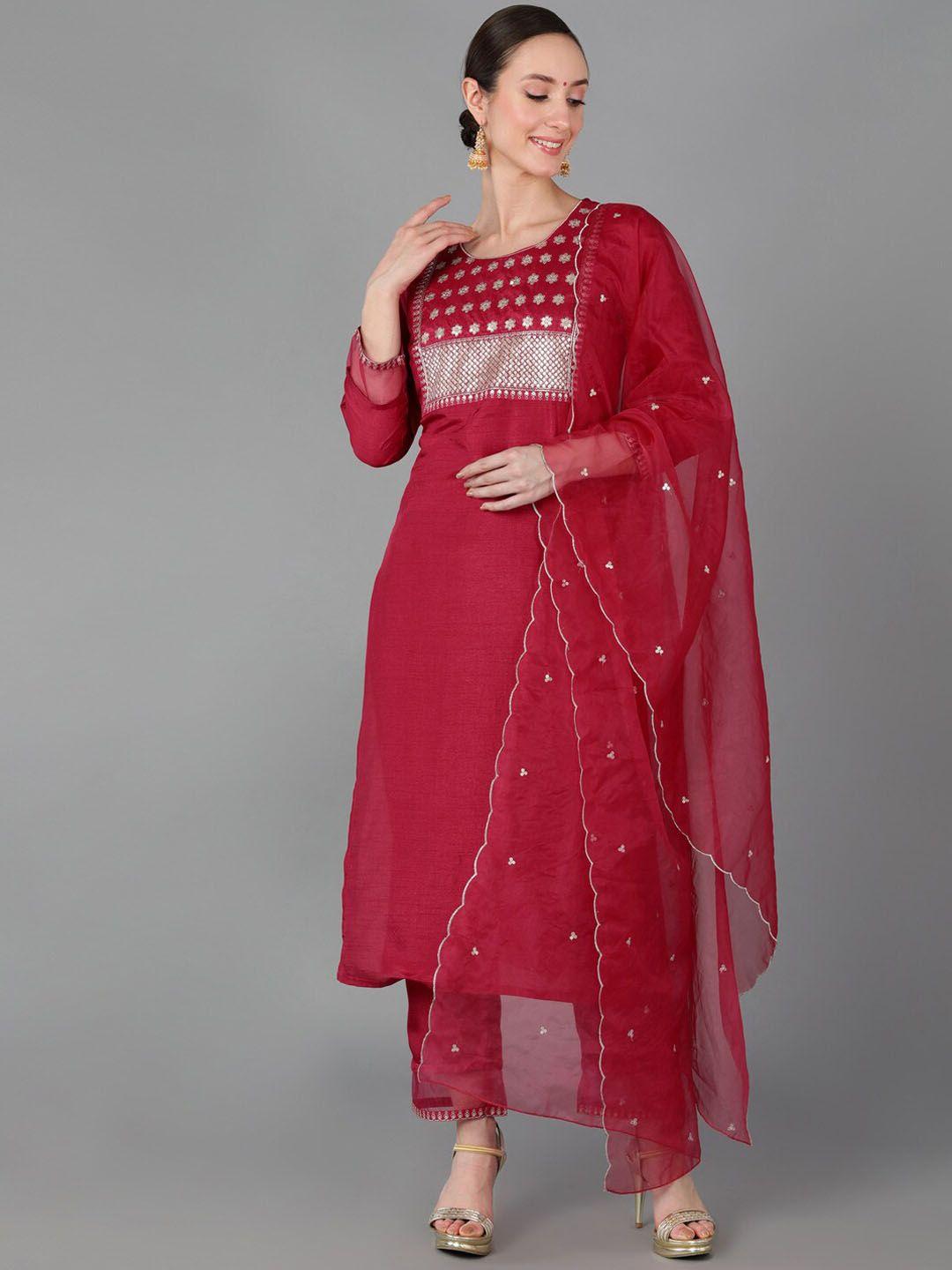 ahika red ethnic motifs yoke design sequinned kurta with trousers & with dupatta