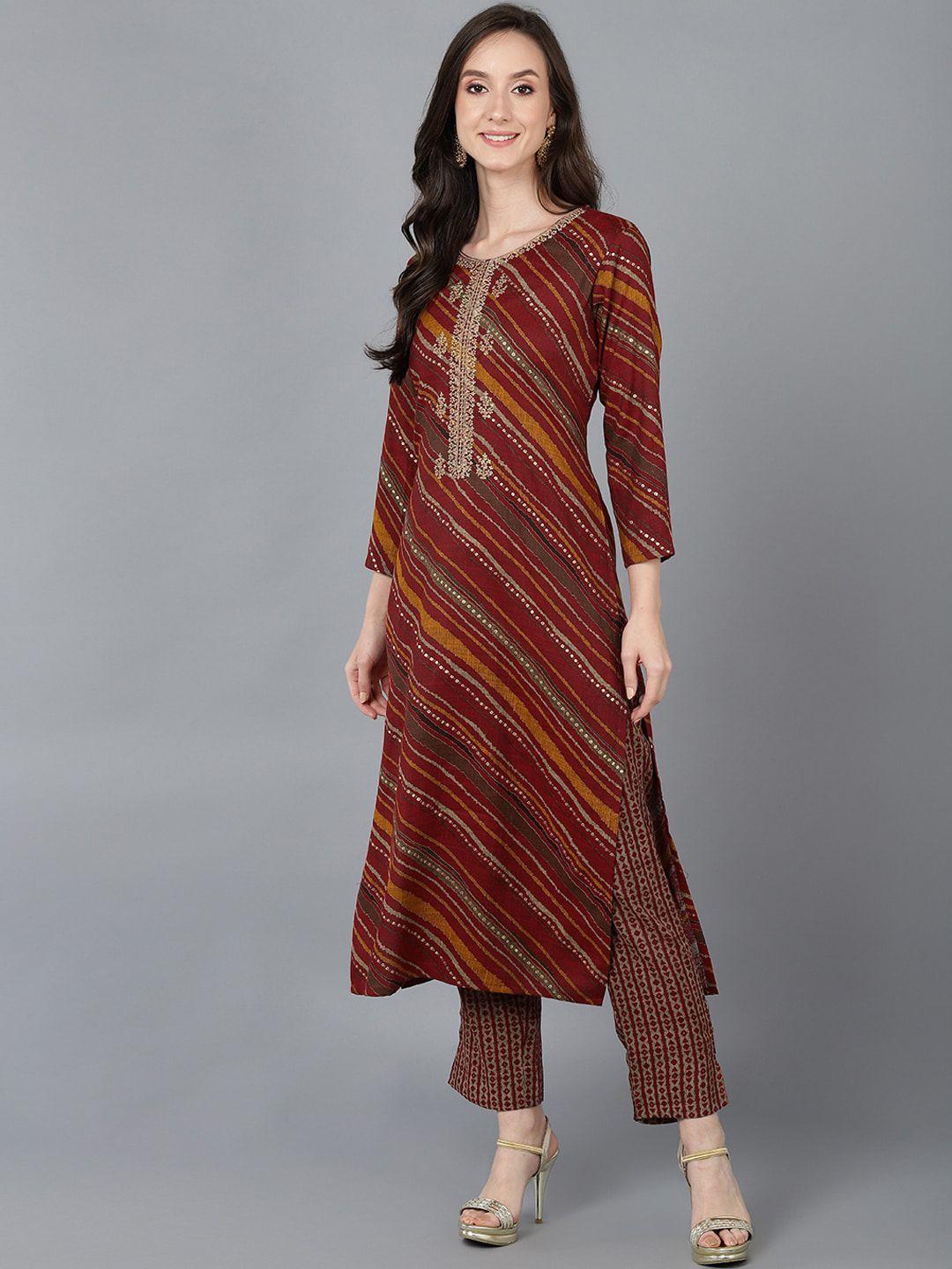 ahika red leheriya printed thread work kurta