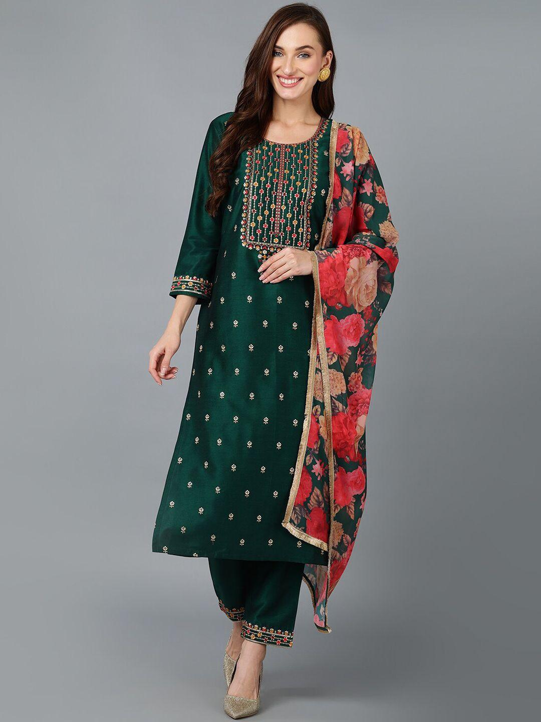 ahika round neck floral embroidered sequinned kurta with trousers & dupatta