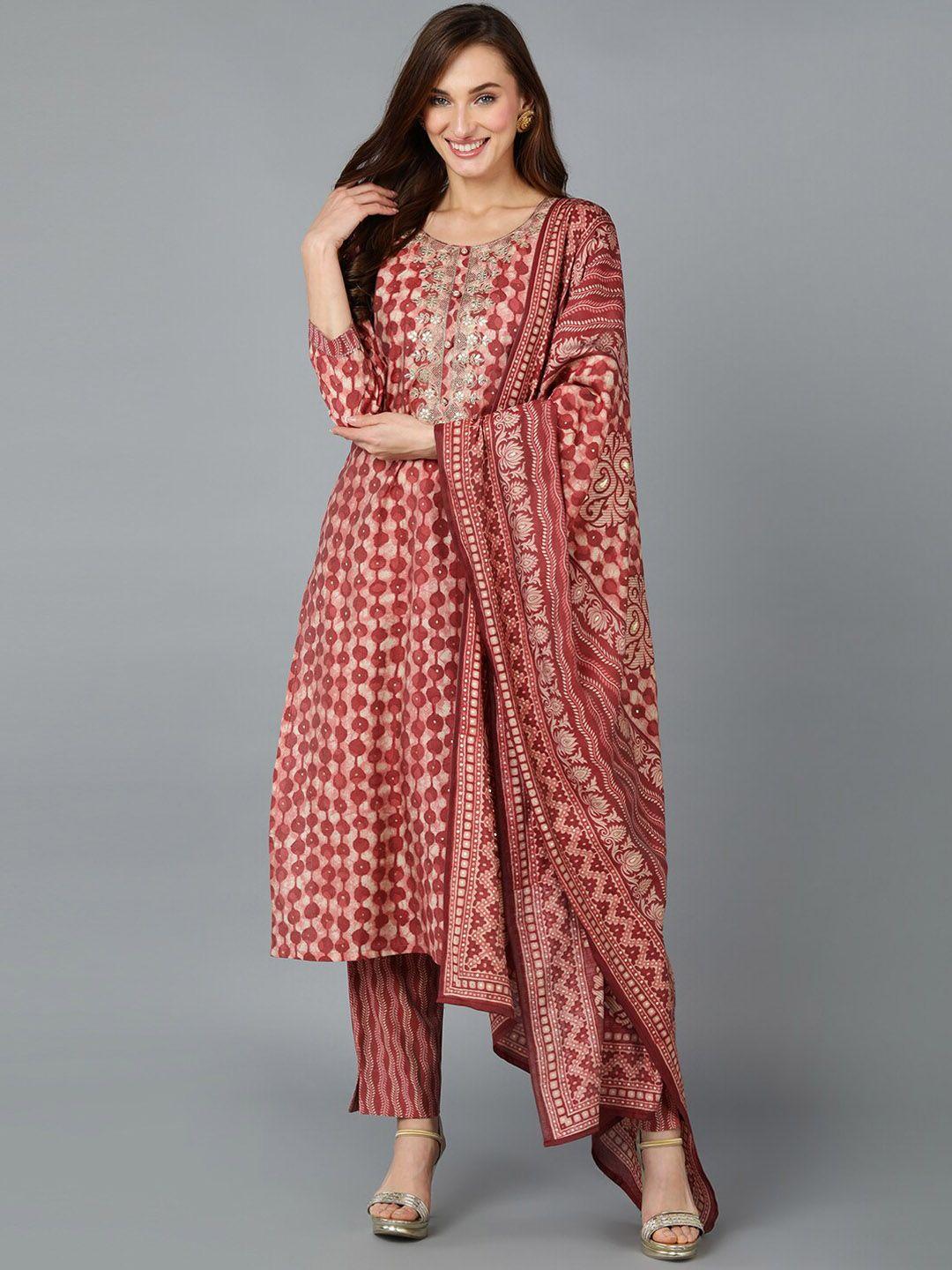 ahika round neck geometric printed zardozi kurta with trousers & dupatta