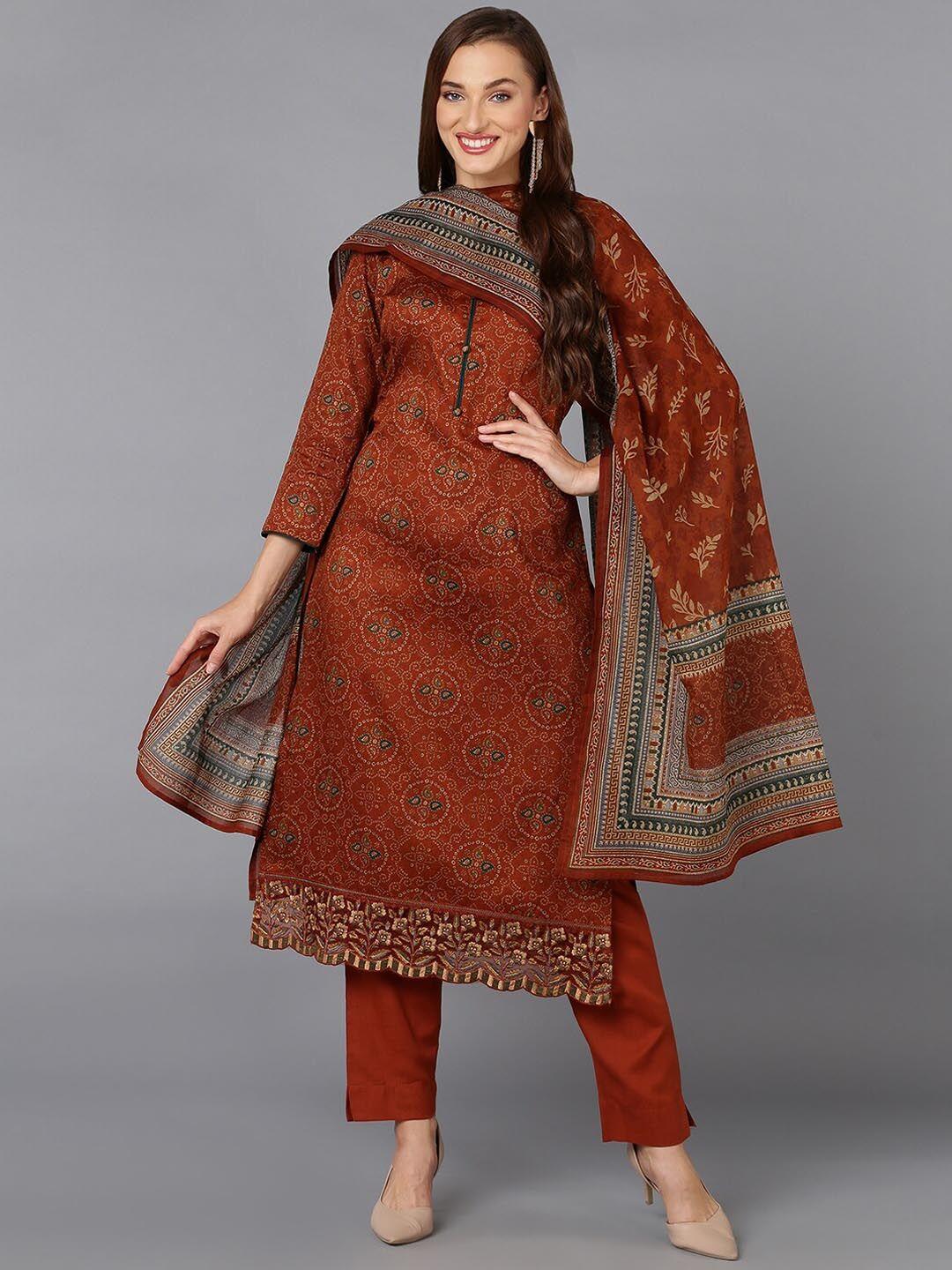 ahika rust bandhani printed thread work kurta with trousers & dupatta