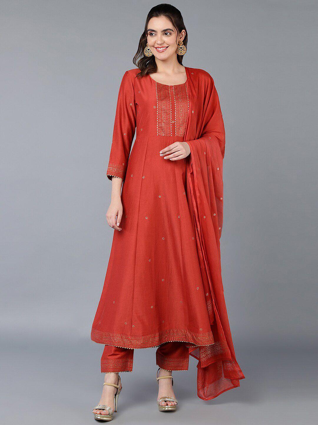 ahika rust ethnic motifs yoke design kurta with trousers & dupatta