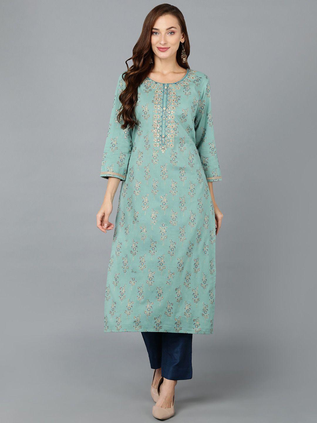 ahika sea green & blue floral printed gotta patti straight cotton kurta