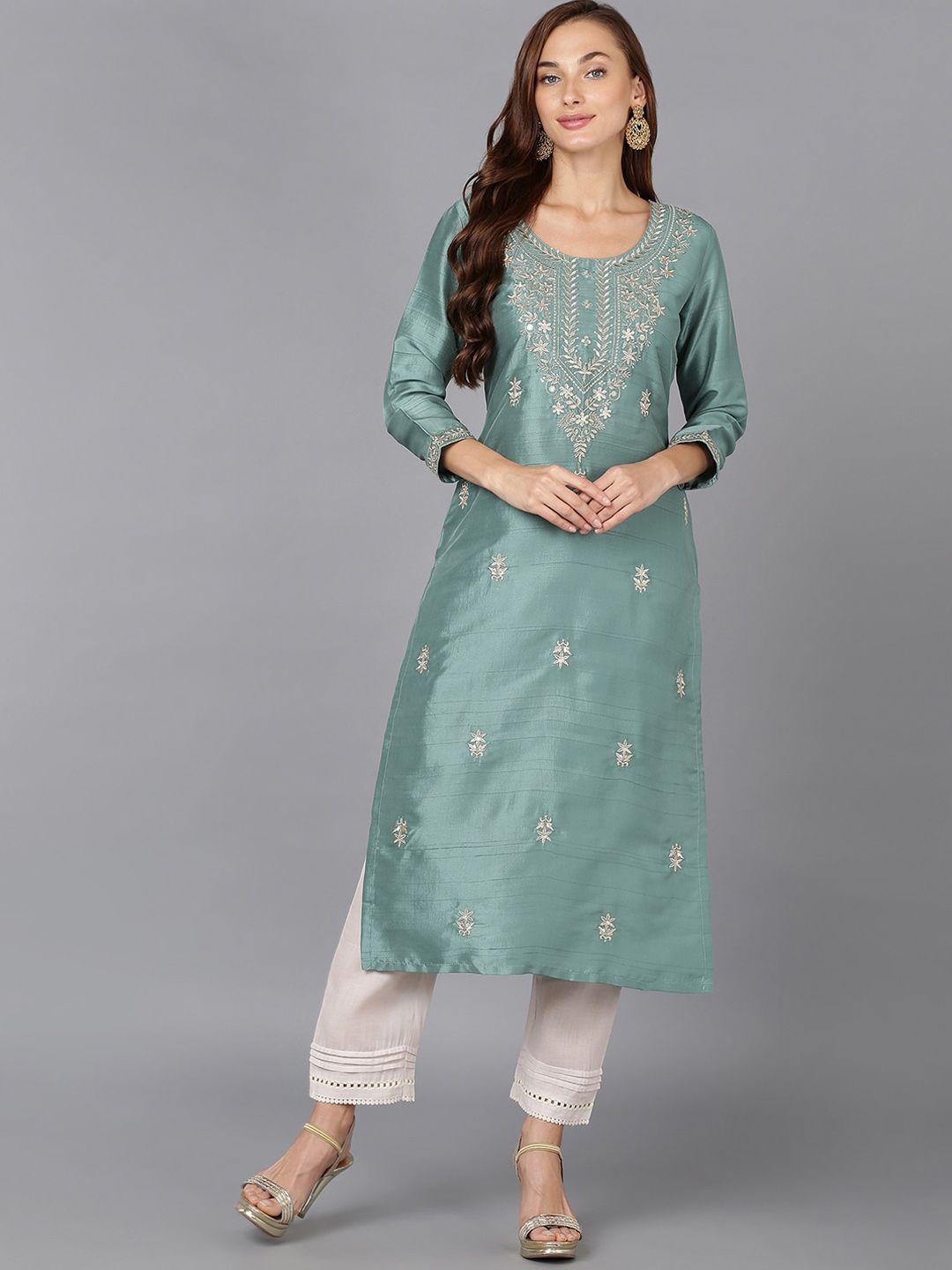 ahika sea green & silver ethnic motif embroidered sequinned kurta