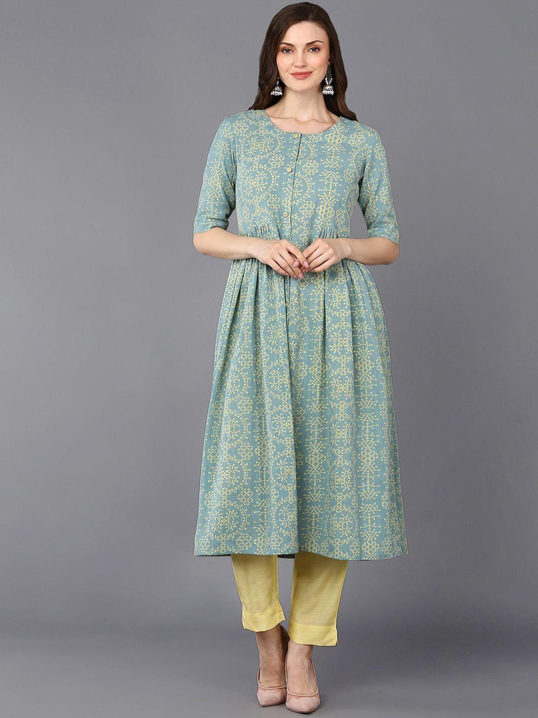 ahika sea green ethnic motifs printed cotton a-line kurta