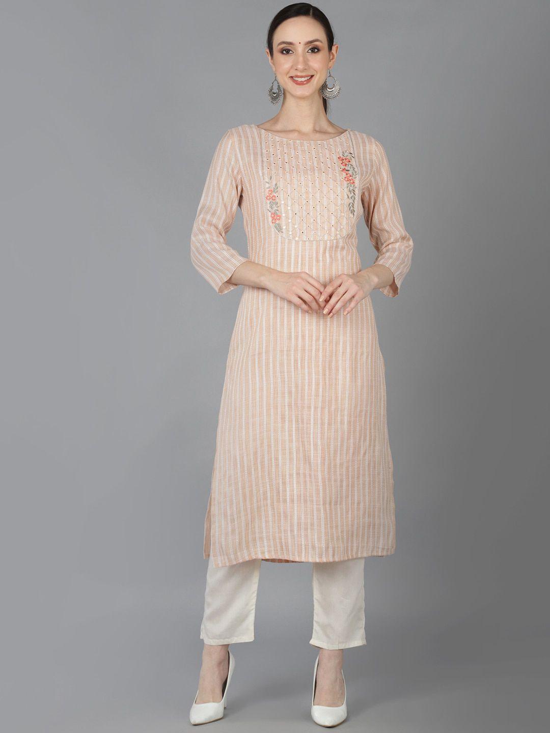 ahika striped mirror work round neck cotton kurta